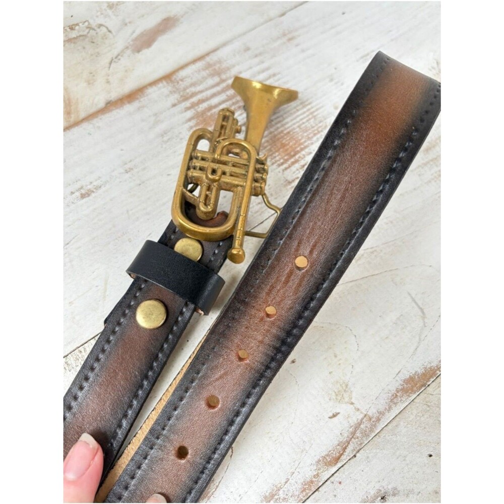 Vintage 70s leather belt Baron solid Brass Buckle cornet trumpet music band 34 - Picture 5 of 16